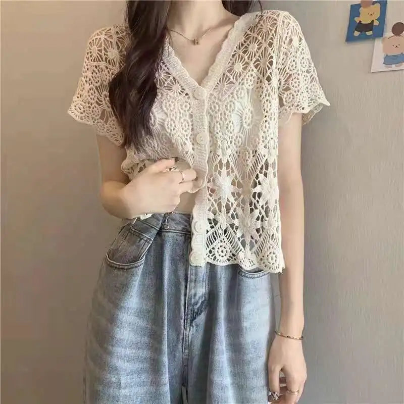 Sheer Crochet Top Button Front V-Neck Short Sleeve Open-knit