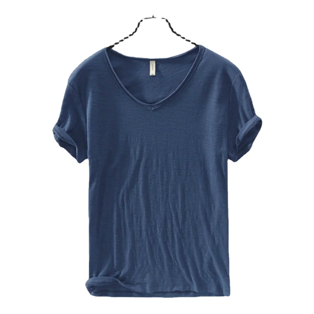 New Mens T Shirt Pure Color V Collar Short Sleeved Tops Tees Men