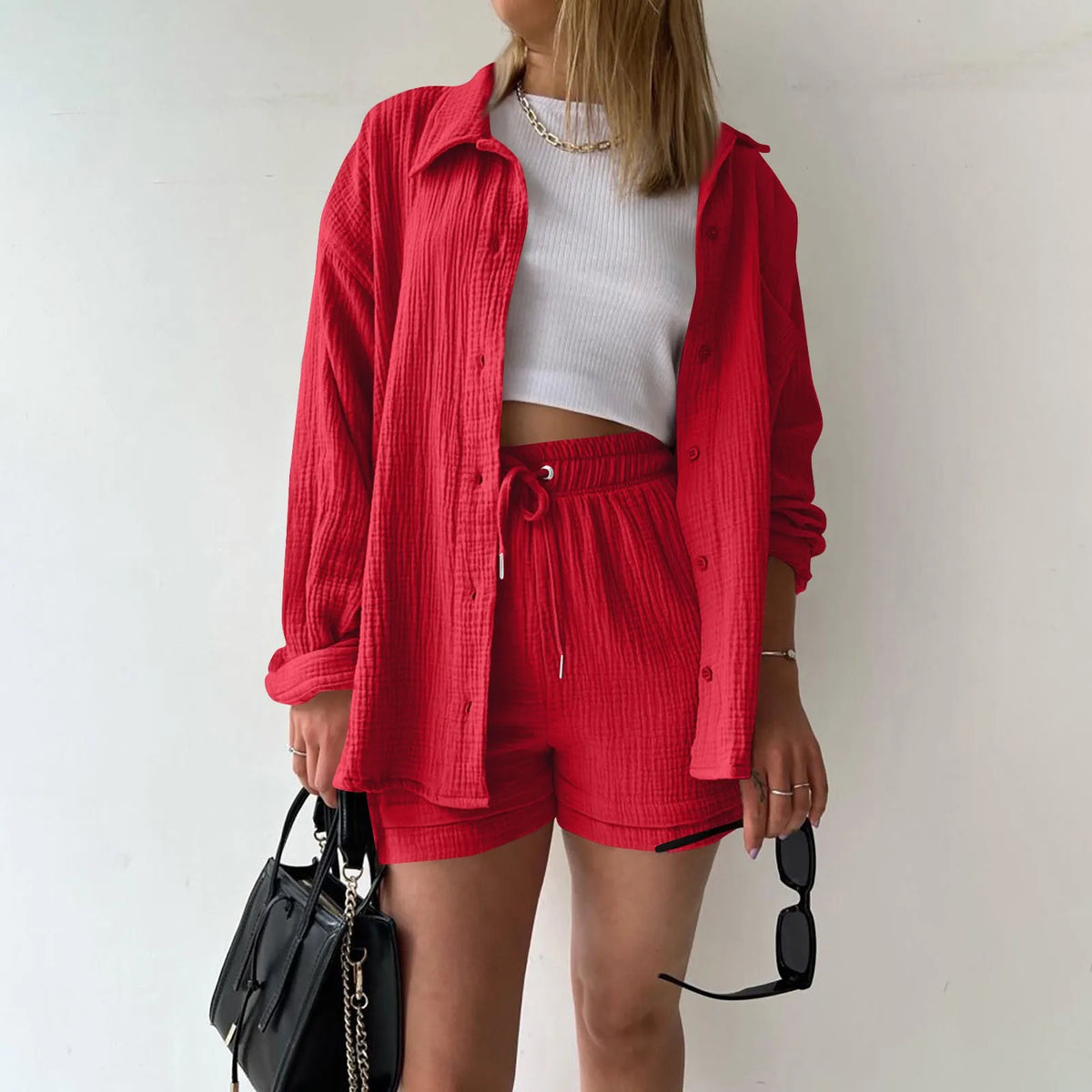 Summer Cotton Linen High Waist Shirt Shorts Women Turn Down Collar