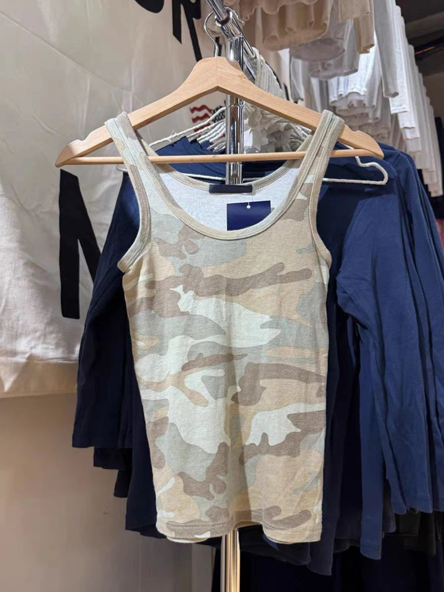 Camouflage Vintage Slim Tank Top Woman Summer U Collar Sleeveless