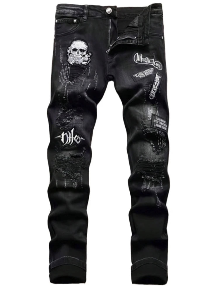 Men's Black Distressed Jeans Skull Patch & Embroidery Letter Print