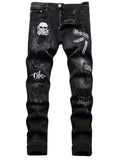 Men's Black Distressed Jeans Skull Patch & Embroidery Letter Print