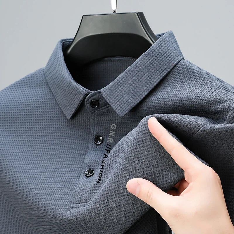 Men's Waffle Long Sleeved POLO Shirt with Letter Printed Lapel Casual