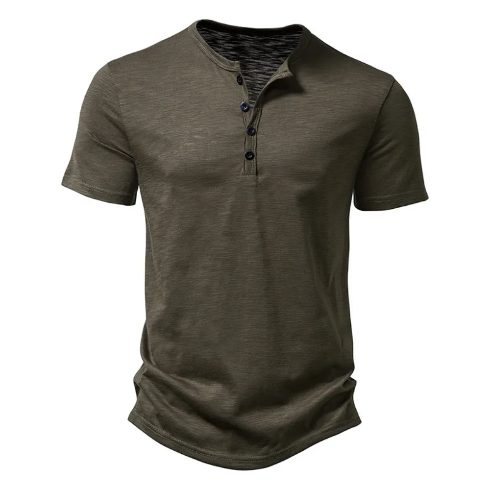 Henley Collar Summer Men Casual Solid Color Short Sleeve T Shirt for