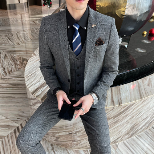 British Korean Style High Quality Modified Plaid Three-Piece Suit for