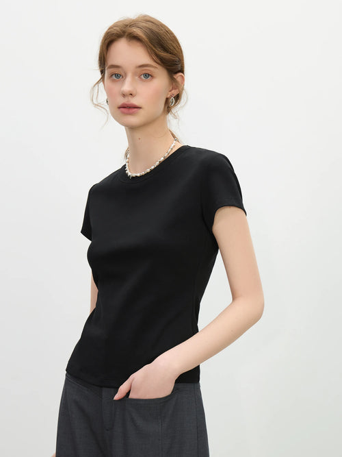 FSLE MInimalism Style Pink Straight Shoulder Short-sleeved T-shirt for