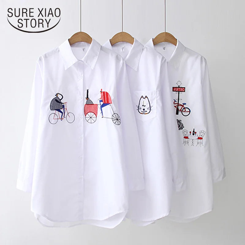2024 New White Shirt Casual Button Up Turn Down Collar Female Blouse