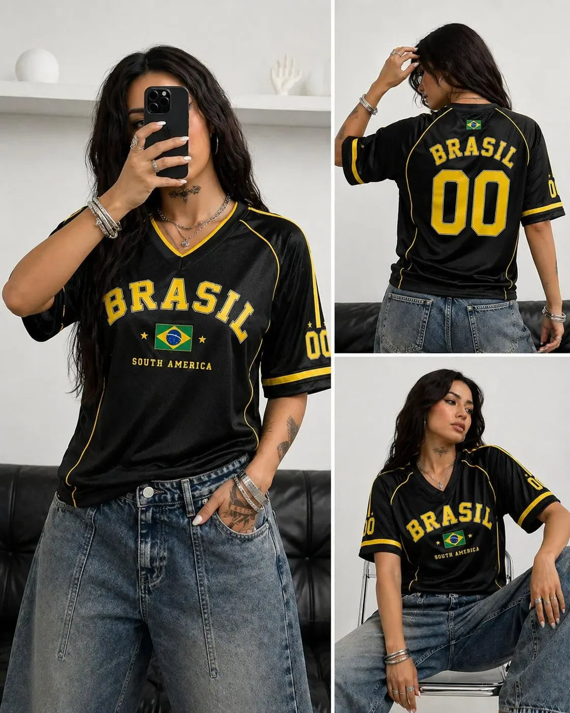 Women's Brazil 00 Print V-Neck Short Sleeve T-Shirt Summer Graphic Tee