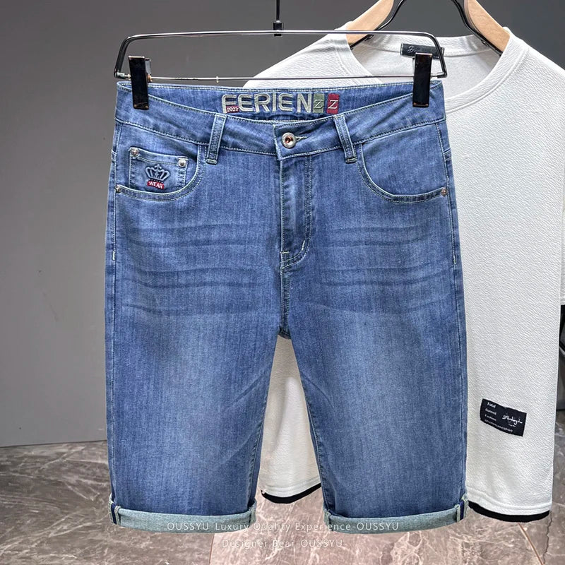 Brand Clothing Men's Denim Shorts Summer Thin Elastic Straight Leg