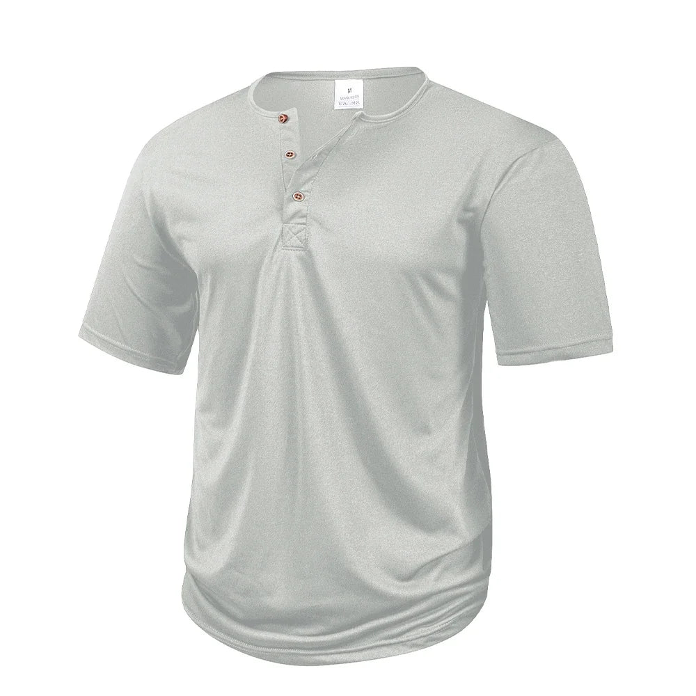 Men's Casual  Henry T Shirt Summer Brown Button Solid Color Polo Short