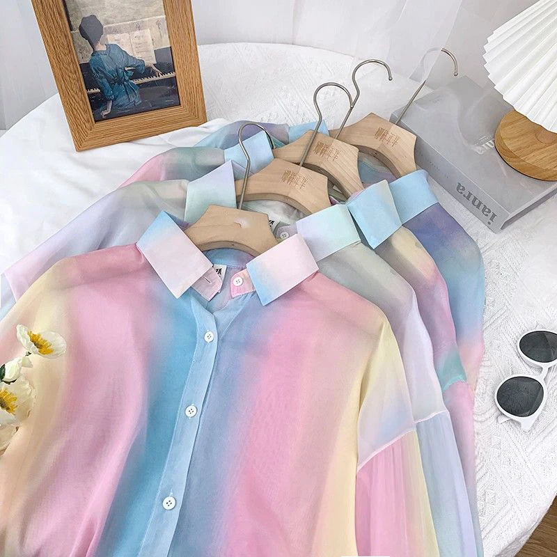 Irregular Gradient Rainbow Long Sleeved Shirt And Blouses Thin