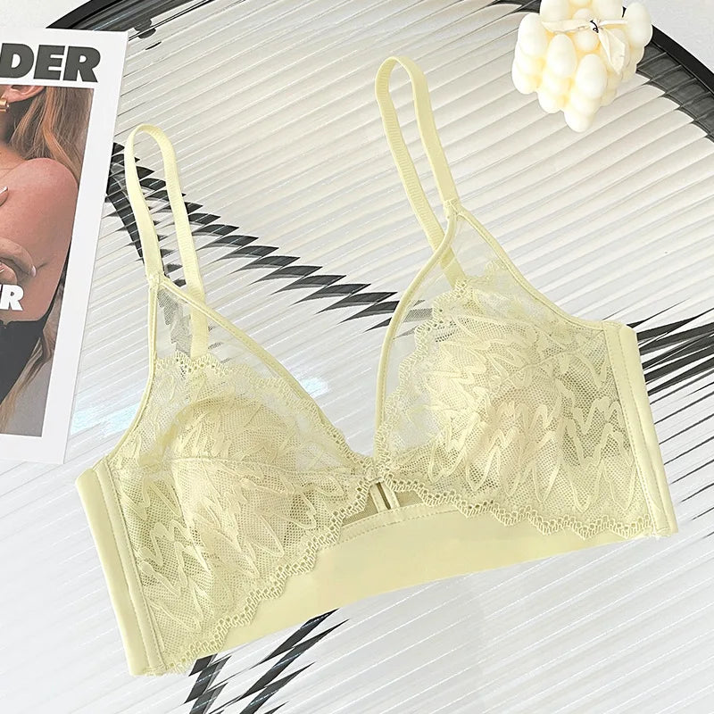 Sexy Lace Crop Top Deep V Backless Camisole Hollow Mesh Bra Female
