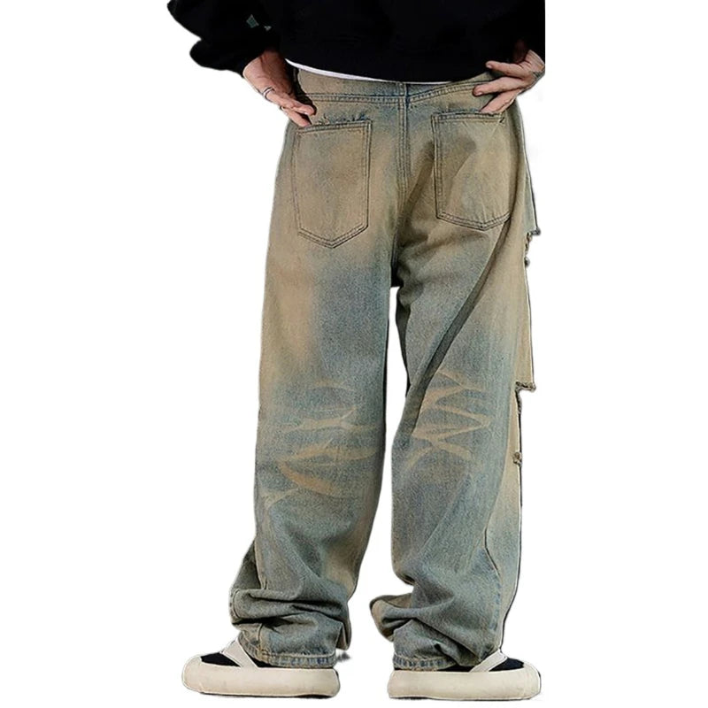Fashionable Ripped Men's Jeans High Street Vintage Washed Pure Cotton