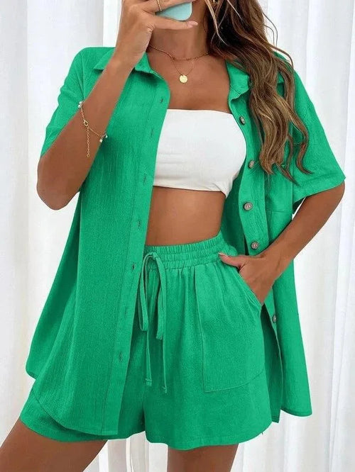 2 Pieces Women Sets Summer Solid Color Short Sleeve Open Stitch Button