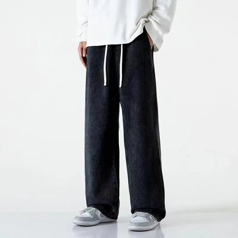 Spring Men's Jeans Baggy Straight Drawstring Elastic Waist Personality