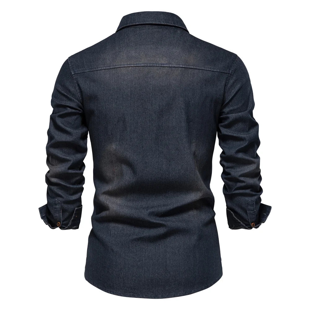 AIOPESON Brand Elastic Cotton Denim Shirt Men Long Sleeve Quality