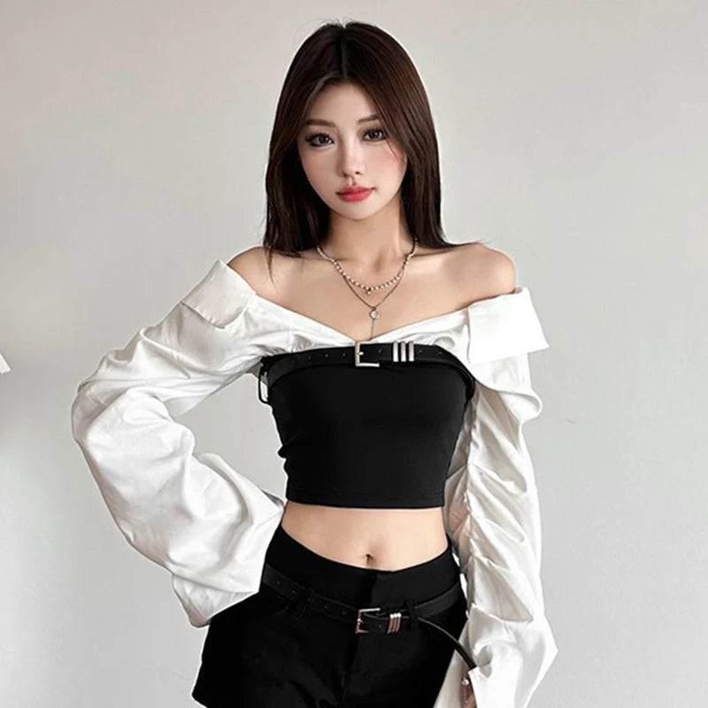 Y2K Slash Neck Shirts Women Streetwear Cropped Patchwork Long Sleeve
