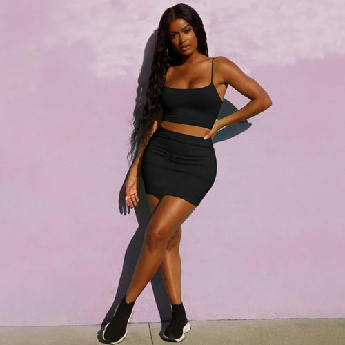 2 Pieces Sets Women Summer Strap Cropped Tops and High-waisted Skirt