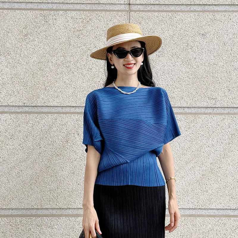 YUDX Vibrant Cyan Blue Miyake Pleated Asymmetric Short Sleeve Top,