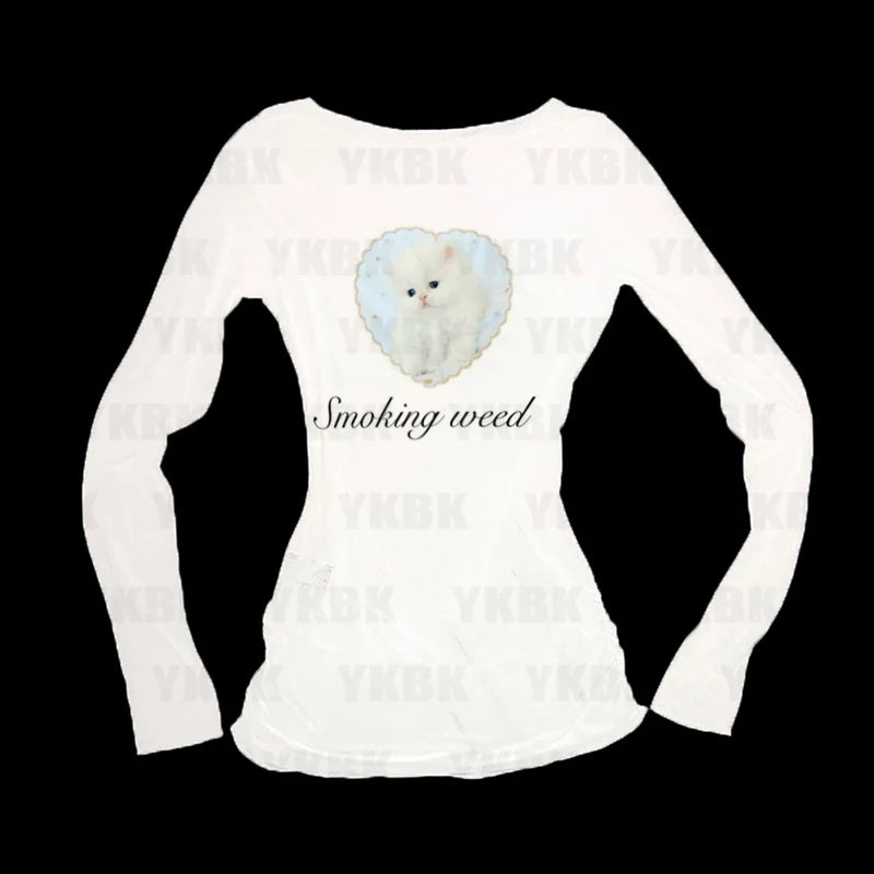 Y2k T-shir Kitty Cat Print Women Clothing Gothic Emo Cropped Harajuku