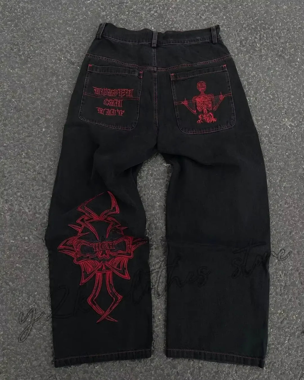 Retro Skull Embroidery Y2K Jeans Mens Hip Hop Washed Baggy Denim Pants