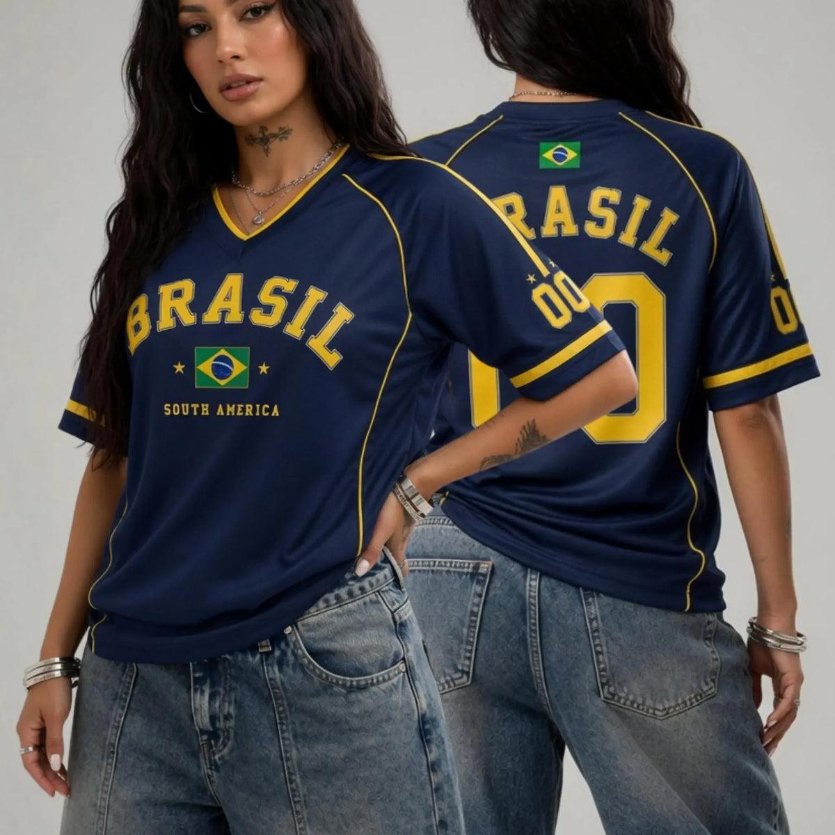 Women's Brazil 00 Print V-Neck Short Sleeve T-Shirt Summer Graphic Tee