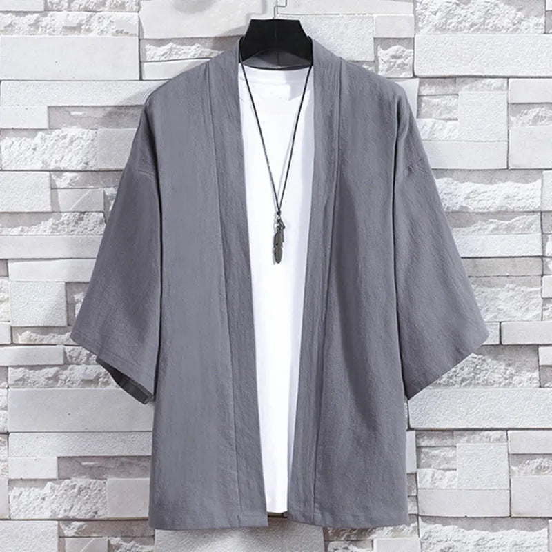 Men's Kimono Cardigan Japanese Jackets Casual Cotton 3/4 Sleeve Shirt