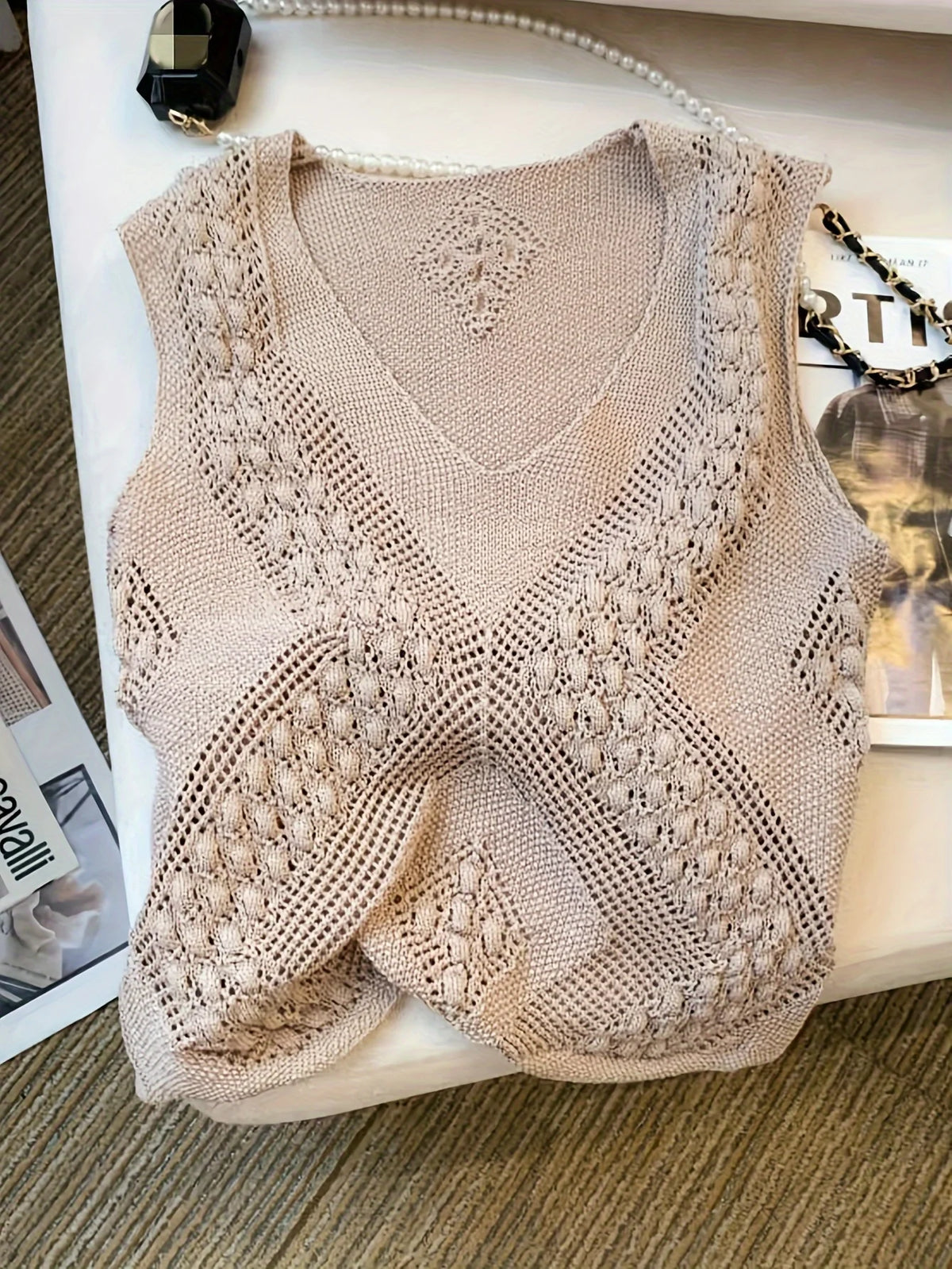 Solid Color V Neck Tank Top, Casual Sleeveless Cut Out Knitted Tank