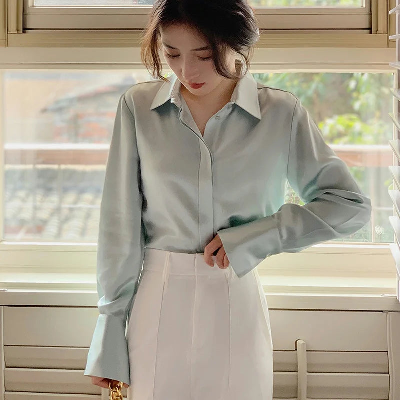 Women's Satin Blouse Long Sleeve French Fashion Solid Color Shirts