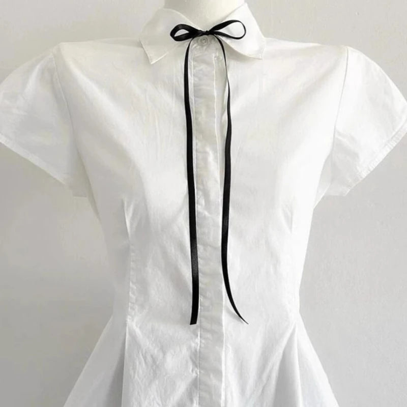 Deeptown Elegant Sweet White Blouse Women Bow Preppy Style Kawaii