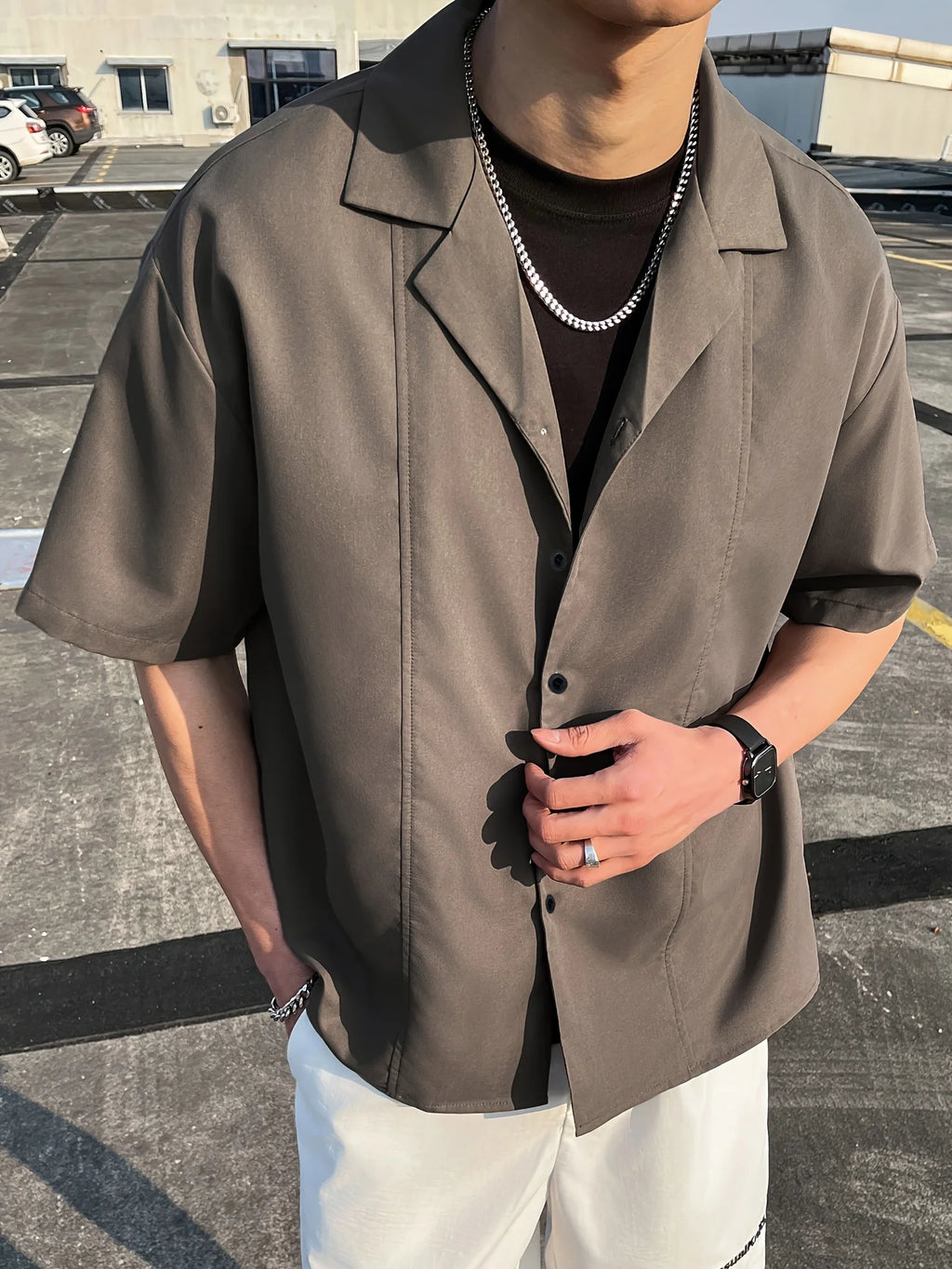 Men's Cuban Collar Casual Short Sleeve Shirt, Summer Solid Color Loose