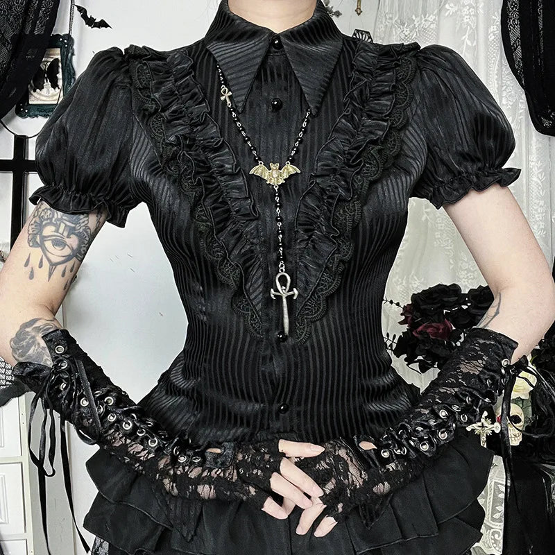 Goth Dark Kawaii Black Short Sleeve Buttons Shirt Lace-up Blouses Mall