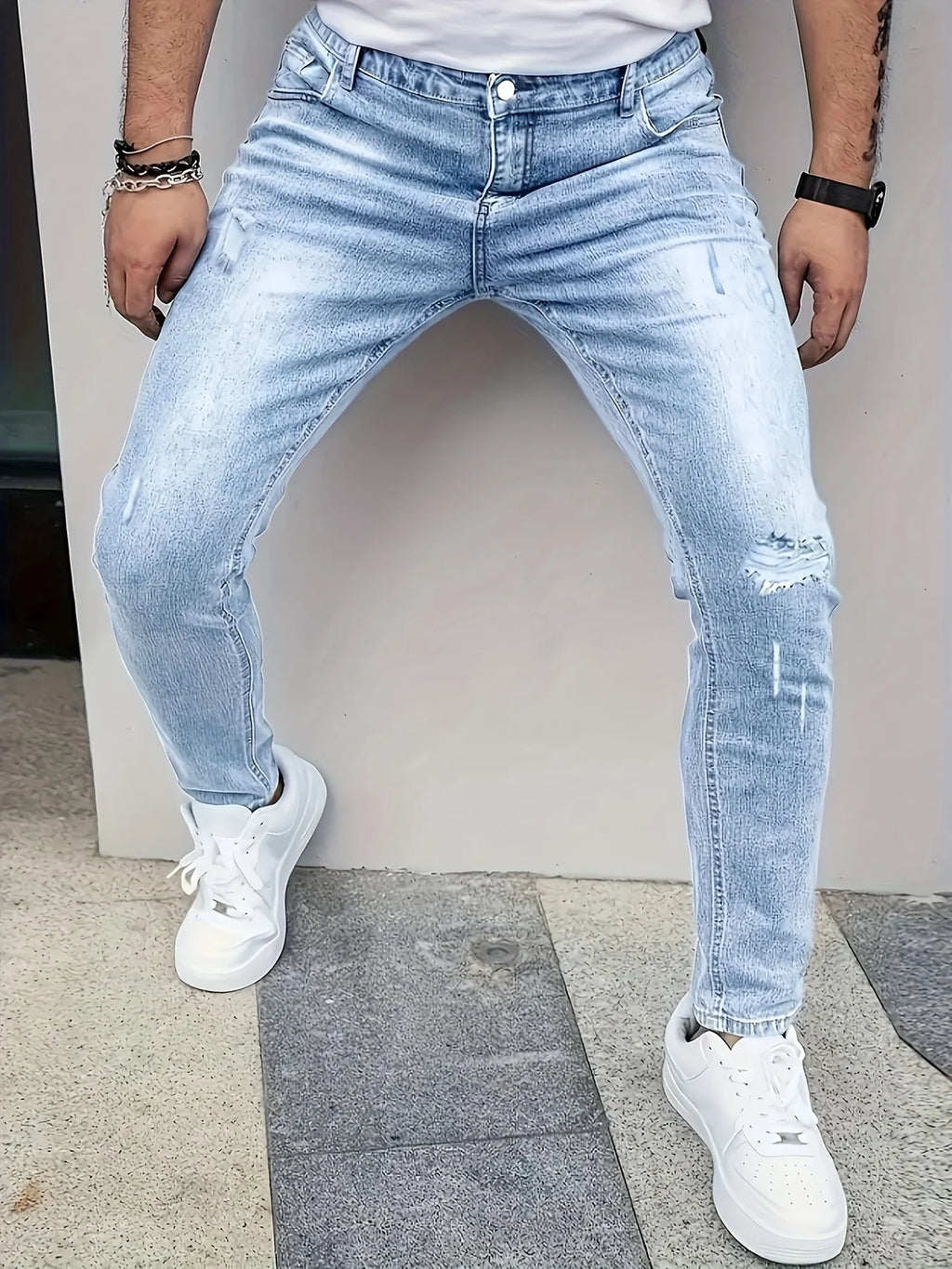 Men'S Slim-Fit Distressed Denim Jeans  Street Style  Light Blue with
