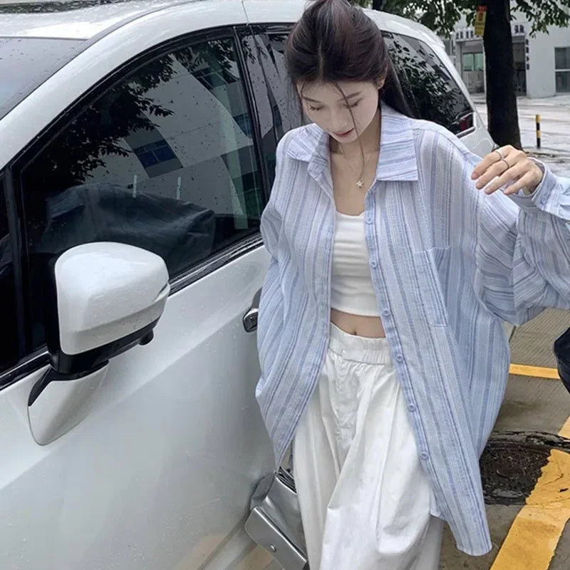 Pink Striped Shirt Women Korean Style Loose Long Sleeved Button Up