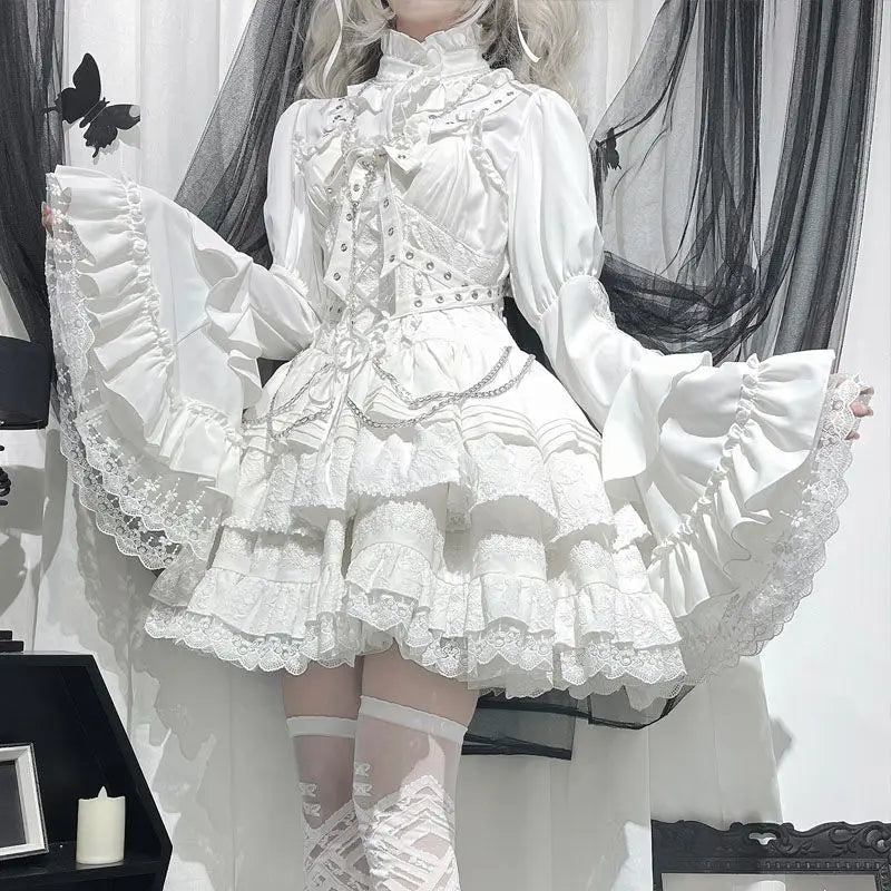 2025 Japanese Lolita Blouse White - Cute Puff Sleeve Shirt with Lace