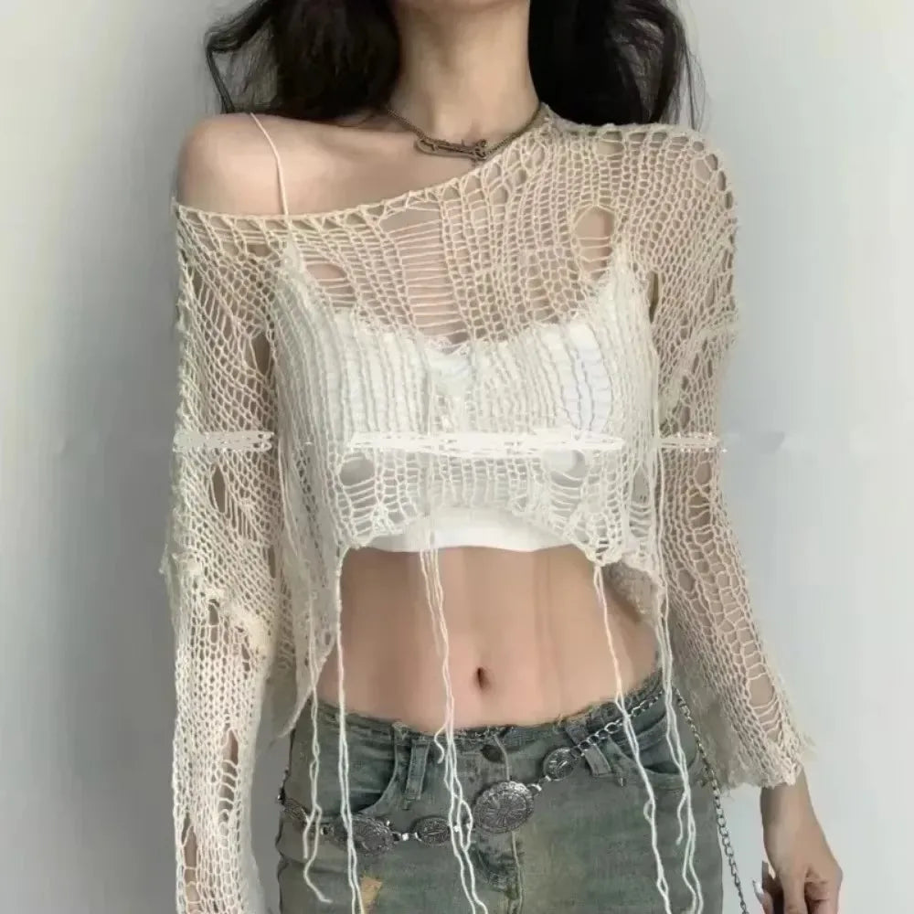 Solid Slash Neck Grunge Knitted Women's Sweater Hole Ripped Pullover