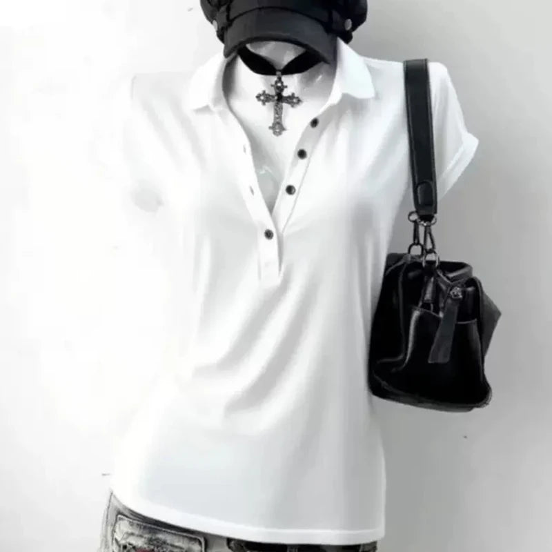 Graphic Harajuku POLO Collar Solid Short Sleeve Women's T-shirts 90s