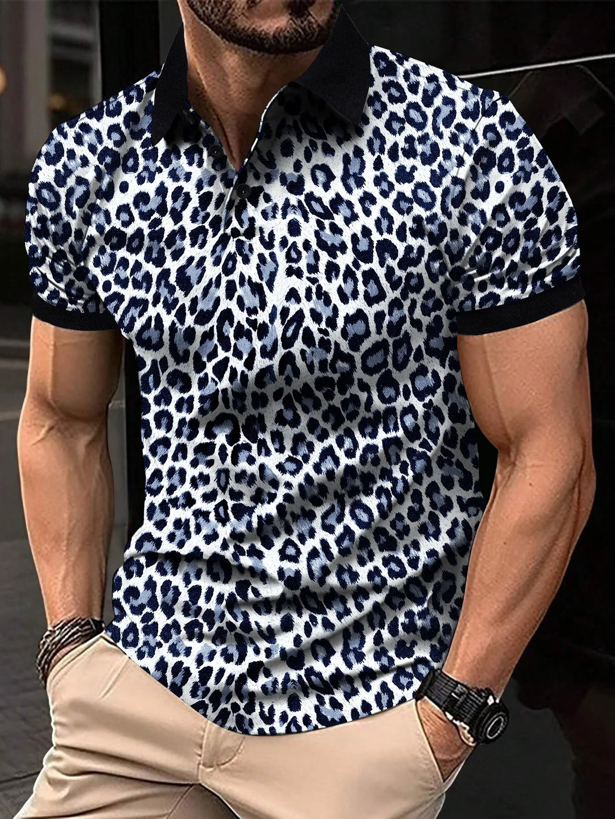 Fashion Leopard Pattern Men's Polos T-Shirts Summer Holiday Short