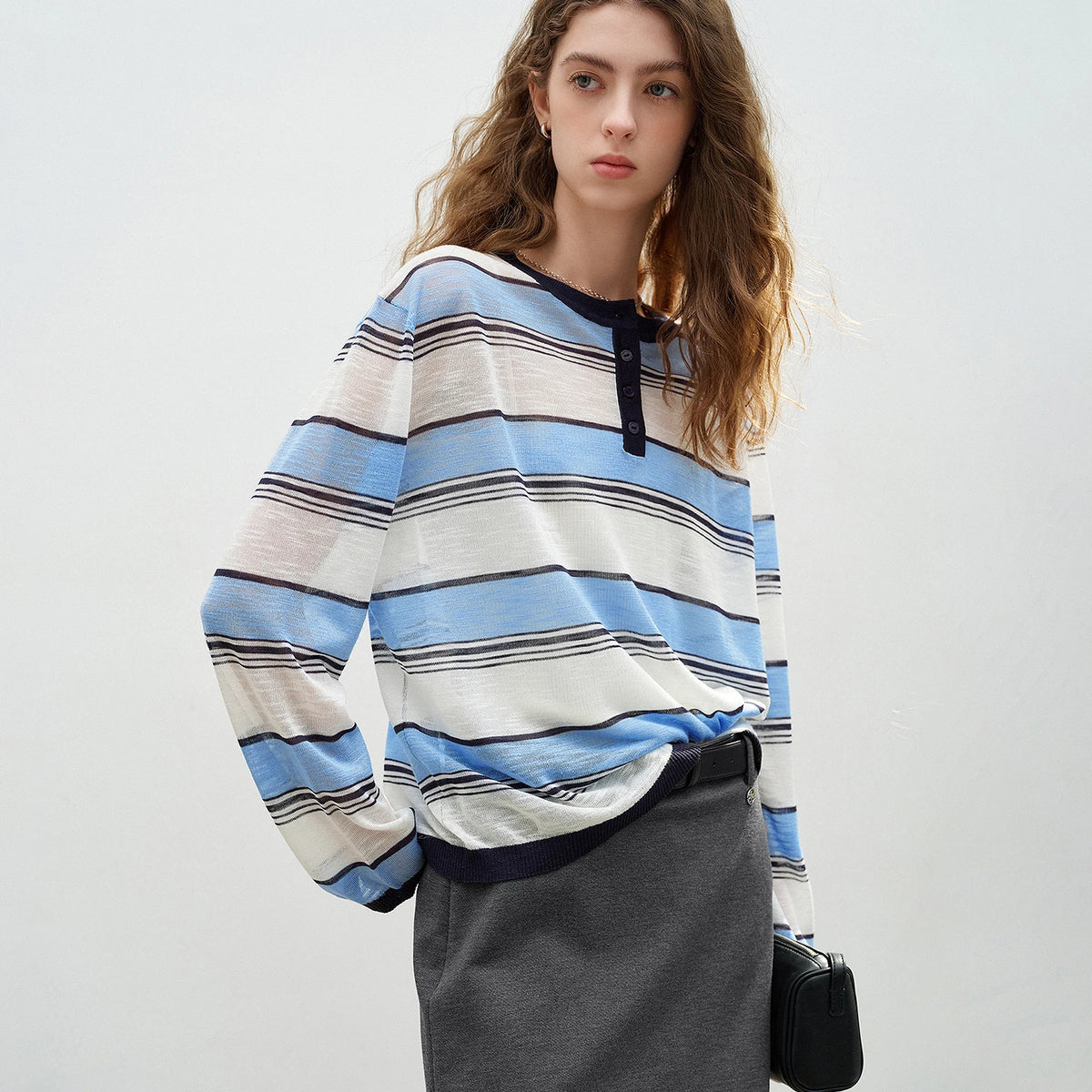 TOYOUTH Women Slub Linen Knit Tops 2026 Spring New Sporty Striped