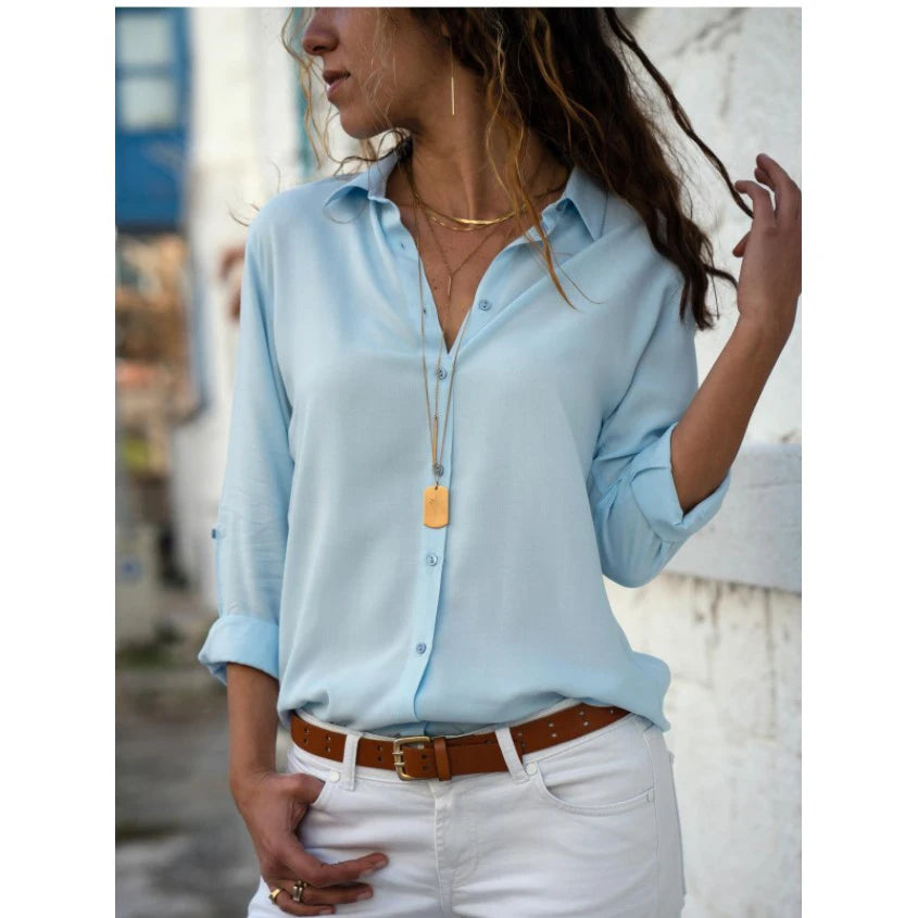 Autumn Shirt Women's Polo Collar Office Lady blouse Vintage Shirt