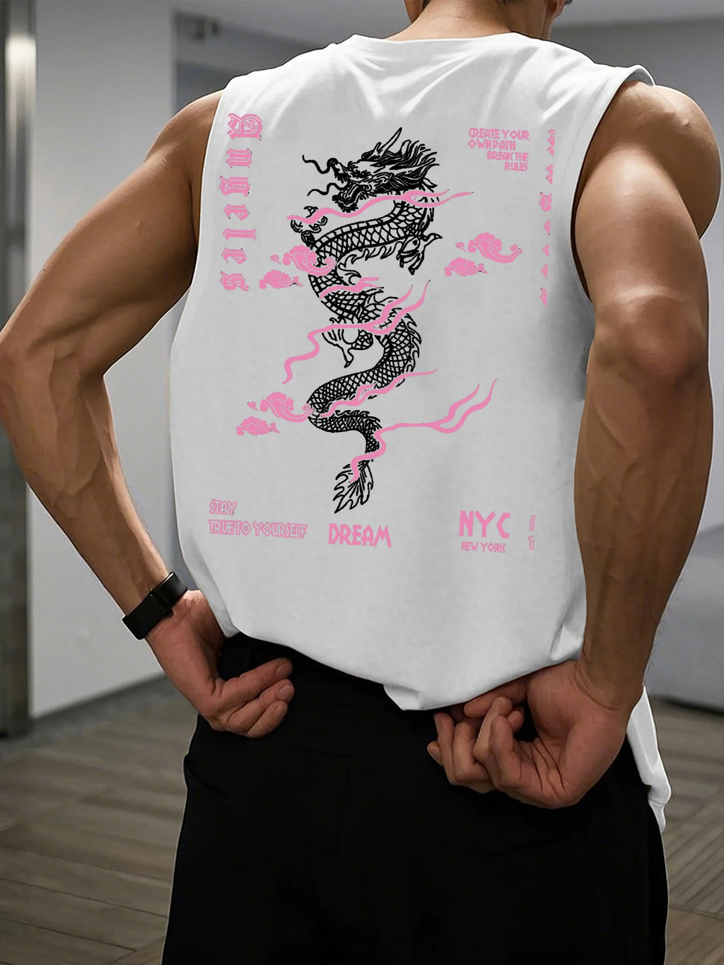 Men's Summer Leisure Sports Fitness Wide Dragon and Letter Pattern
