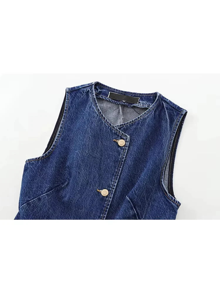 2026 Women's Short Vest Autumn Fashion Blue Denim Vest Top Lady Casual