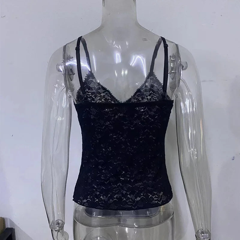 Black See Through Lace Cami Crop Tops Women Summer Y2K Clothes