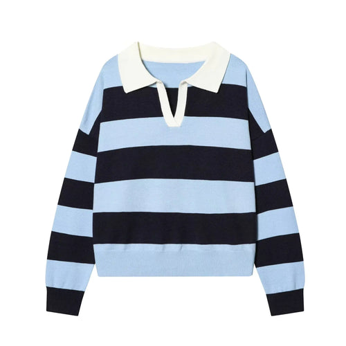 Spring 2026 Women's Polo Neck Knitted Sweater Fashion Stripes Loose