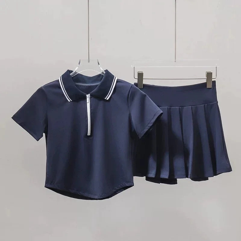 Women's Tennis Outfit Set Short-Sleeved Polo Shirt & Pleated