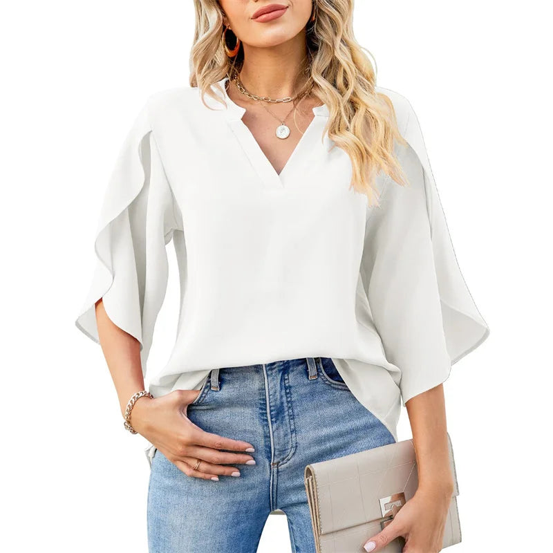 Women Summer Style Chiffon Blouses Shirts Lady Casual Short Flare