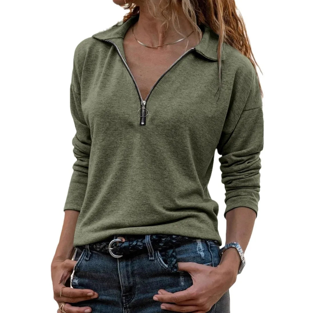Women's Casual Fashion Long Sleeve Polo Shirts V-Neck Lapel Casual