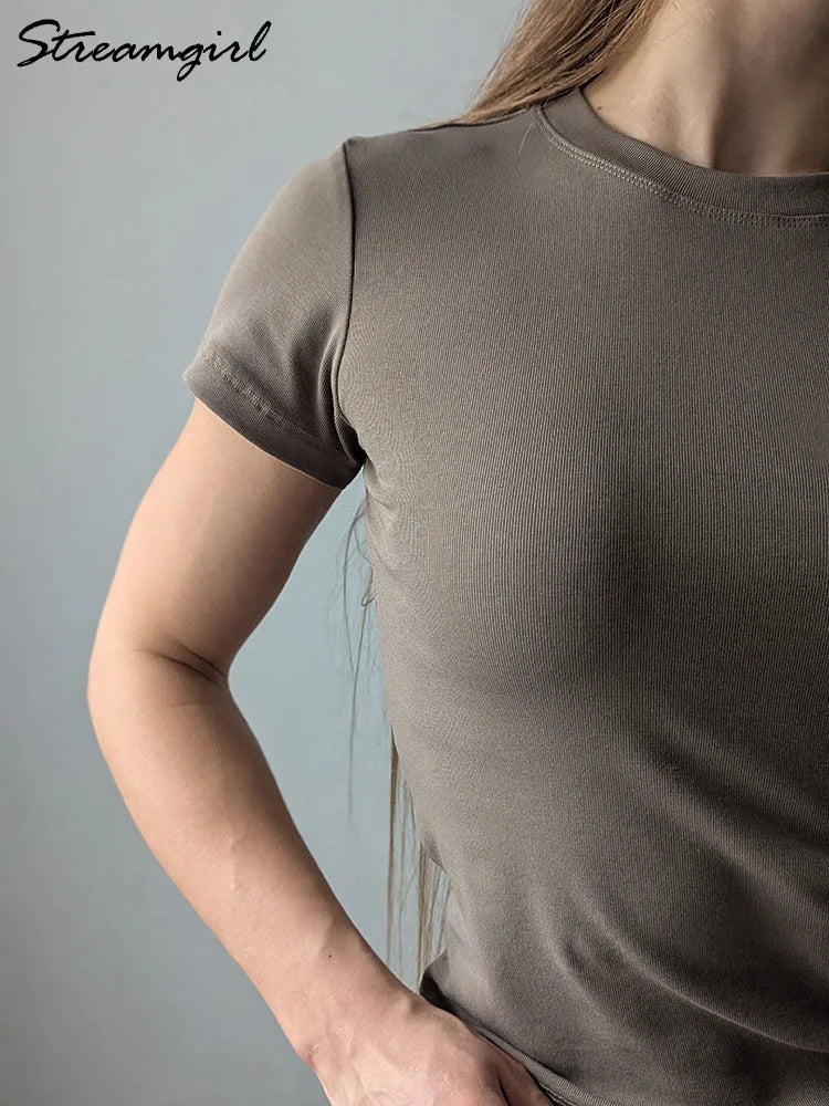 Basic T Shirts Women Cotton Slim Fit White Tops Summer Black Tees Crew