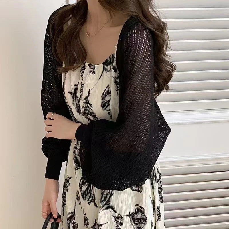 Open Front Pointelle Knitted Cardigan Women Bolero Crop Top Spring