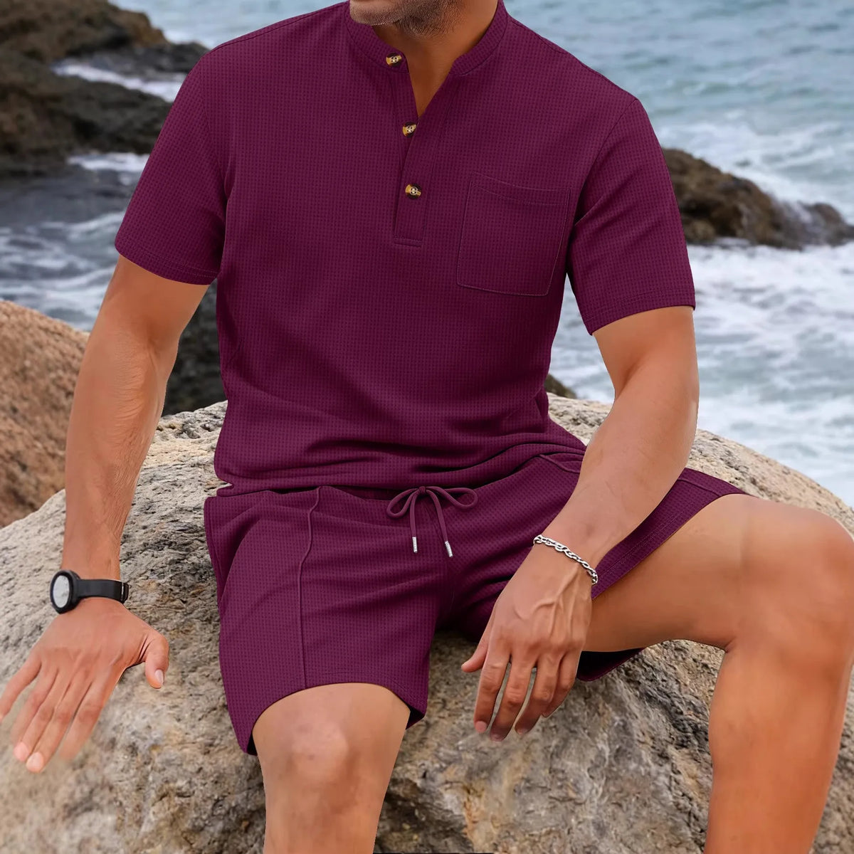 Lightweight Men's Waffle Texture Henley Shirt & Shorts Set Stand